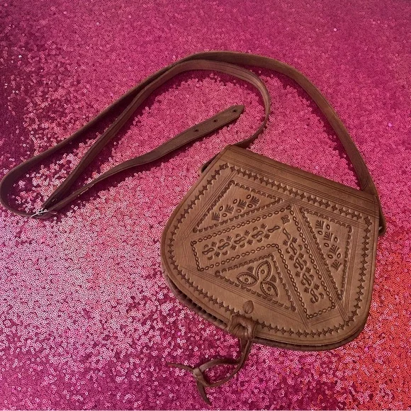 🍄‍🟫VINTAGE 70s Boho Cognac Genuine Leather Satchel Bag - Picture 7 of 8